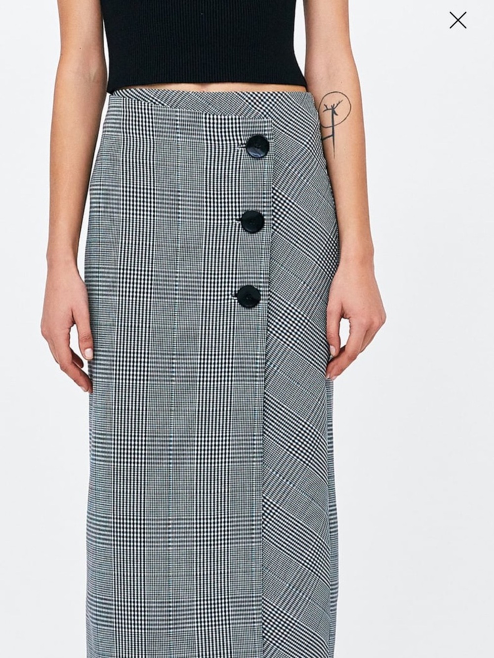 Zara Black and White Plaid Maxi Wrap Skirt with Button Accents